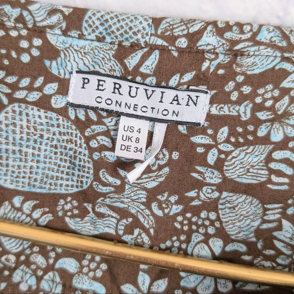 Peruvian Connection Button Front Midi Shirt Dress 4 Blue Brown Print Boho - Picture 4 of 6